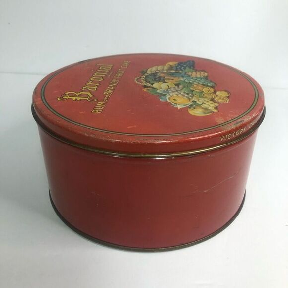 vtg baronial brand rum and brandy fruit cake metal tin round red htf as is - Picture 9 of 15